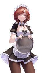 Rule 34 | 1girl, absurdres, apron, black bow, black dress, black pantyhose, bow, breasts, brown eyes, brown hair, cleavage, commentary, cowboy shot, dress, foreshortening, frilled apron, frills, hair ornament, hairclip, highres, higuchi madoka, holding, holding tray, idolmaster, idolmaster shiny colors, leviathan (hikinito0902), looking at viewer, maid headdress, medium breasts, pantyhose, petticoat, puffy short sleeves, puffy sleeves, revision, short hair, short sleeves, simple background, solo, symbol-only commentary, tray, waist apron, white apron, white background, wrist cuffs, x hair ornament