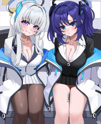 Rule 34 | 2girls, 82jhin, absurdres, black pantyhose, black skirt, blue archive, blue eyes, blush, breasts, cleavage, closed mouth, collarbone, collared shirt, feet out of frame, formal, grey hair, halo, highres, jacket, korean commentary, large breasts, long hair, looking at viewer, mechanical halo, multiple girls, noa (blue archive), pantyhose, pleated skirt, purple eyes, purple hair, shirt, sitting, skirt, smile, suit, two-sided fabric, two-sided jacket, two side up, white jacket, white shirt, white skirt, yuuka (blue archive)