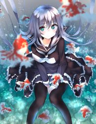 Rule 34 | 1girl, absurdres, animal, black dress, black pantyhose, blue eyes, blurry, blurry foreground, blush, closed mouth, commentary request, depth of field, dress, fish, floating hair, goldfish, hair between eyes, highres, long hair, long sleeves, looking at viewer, odeclea, original, pantyhose, revision, silver hair, sitting, smile, solo, underwater, very long hair, water, white neckwear