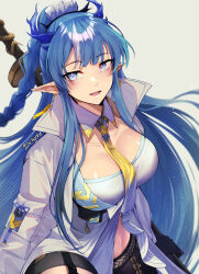 Rule 34 | 1girl, absurdres, arknights, artist name, bchynta, black gloves, black shorts, blue eyes, blue hair, blush, braid, breasts, collarbone, collared jacket, commentary, crop top, detached collar, dragon horns, earrings, fang, fangs, gloves, hair ornament, highres, holding, holding weapon, horns, jacket, jewelry, large breasts, ling (arknights), long hair, long sleeves, looking to the side, necktie, open clothes, open jacket, open mouth, pocket, pointy ears, short shorts, shorts, sidelocks, simple background, single braid, smile, solo, standing, symbol in eye, tassel, teeth, tongue, weapon, white background, white jacket, wing collar, yellow necktie