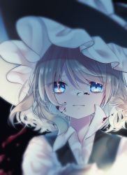 Rule 34 | 1girl, alternate eye color, black background, black hat, black vest, blonde hair, blood, blood on face, blue eyes, braid, breasts, cacao (cacaomgmg), collared shirt, commentary request, hat, kirisame marisa, looking at viewer, medium breasts, shirt, single braid, solo, tearing up, touhou, upper body, vest, white shirt, witch hat