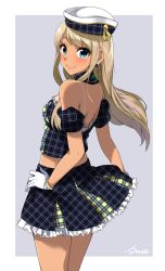 Rule 34 | 1girl, alessandra susu, backless outfit, bad id, bad pixiv id, bare shoulders, blonde hair, blue eyes, blush, earrings, gloves, hand on own hip, hat, highres, jewelry, kurokin, lipstick, long hair, looking at viewer, makeup, midriff, plaid, plaid skirt, sailor hat, signature, skirt, solo, tan, tanline, tokyo 7th sisters