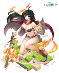 Rule 34 | 1girl, absurdres, ahoge, armor, bare arms, bare shoulders, belt, bikini, bikini armor, black hair, boots, breasts, cape, cleavage, faulds, fire, floating hair, frown, gold trim, highleg, highleg bikini, highres, holding, holding shield, holding sword, holding weapon, iris yuma, large breasts, long hair, looking at viewer, maett, navel, official art, open mouth, red eyes, revealing clothes, shield, solo, soulworker, stomach, strapless, strapless bikini, string bikini, swimsuit, sword, thighs, v-shaped eyebrows, wavy mouth, weapon