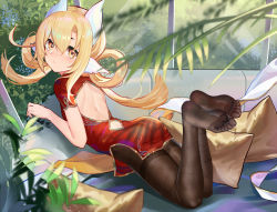 1girl, animal ears, back cutout, bangs, black legwear, blonde hair, china dress, chinese clothes, clothing cutout, commentary request, couch, cushion, day, dress, feet, hair rings, highres, leg up, long hair, looking at viewer, looking back, lying, moyamoya (moya11158375), no shoes, on couch, on stomach, original, pantyhose, plant, potted plant, red dress, signature, soles, solo, the pose, toes, tree, twintails, window, yellow eyes