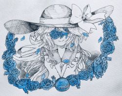 Rule 34 | 1girl, anderson m0311, blouse, blue flower, blue rose, bow, buttons, closed mouth, commentary, covered eyes, diamond button, floating hair, flower, frilled shirt collar, frills, greyscale, hat, hat bow, hatching (texture), hidden eyes, highres, komeiji koishi, linear hatching, long hair, monochrome, petals, rose, rose petals, shirt, smile, solo, spot color, third eye, touhou, traditional media, upper body, v arms
