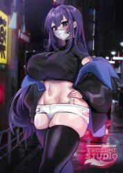 Rule 34 | 1girl, artist logo, black coat, black skirt, black thighhighs, borrowed character, breasts, city, city lights, coat, contrapposto, cowboy shot, crossed legs, hand on own hip, highres, jacket, jewelry, large breasts, light, long hair, looking at viewer, mask, mouth mask, navel, necklace, neon lights, night, night sky, off-shoulder jacket, off shoulder, open clothes, open jacket, original, osiimi, purple eyes, purple hair, railing, shirt, shorts, skirt, sky, t-shirt, tattoo, thighhighs, white shorts, yuna (biya (1024))
