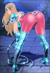 Rule 34 | 1girl, aquila yuna, armor, ass, back, bent over, boots, breastplate, breasts, brown hair, chameleon june, chameleon june (cosplay), circle, cosplay, elbow gloves, fingerless gloves, gauntlets, gloves, green footwear, high heels, highres, large breasts, long hair, looking back, pauldrons, purple eyes, saint seiya, saint seiya omega, shoes, shoulder armor, shoulder pads, smile, solo, spandex, spikes, thigh boots, thighhighs, tiara, whip, yadokari genpachirou