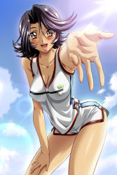 Rule 34 | 1girl, :d, ano machi no koi no uta, bare shoulders, black hair, blush, breasts, cleavage, cloud, covered erect nipples, day, fingernails, foreshortening, game cg, gym uniform, hair between eyes, hand on own thigh, hand on thigh, highres, kamishima tomoko, kimura takahiro, large breasts, leaning forward, lens flare, light rays, long fingernails, open mouth, orange eyes, outdoors, outstretched arm, outstretched hand, p-factory, parted bangs, purple hair, reaching, short hair, short shorts, shorts, side slit, sky, smile, solo, spiked hair, standing, sun, sunbeam, sunlight, tan, tank top