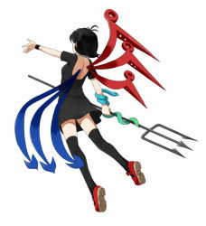 Rule 34 | 1girl, asymmetrical wings, back, back cutout, black dress, black hair, black thighhighs, clothing cutout, dress, from behind, full body, grimay, houjuu nue, mary janes, outstretched arm, polearm, shoes, short hair, short sleeves, simple background, snake, solo, thighhighs, touhou, trident, weapon, white background, wings, wrist cuffs, zettai ryouiki