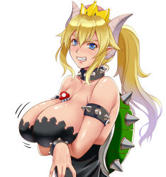 Rule 34 | 1girl, armlet, arms under breasts, between breasts, black collar, black dress, blonde hair, blush, borrowed design, bowsette, bracelet, breasts, cleavage, clenched teeth, collar, commentary request, crown, dress, hair between eyes, highres, horns, jewelry, large breasts, looking at viewer, mario (series), mushroom, new super mario bros. u deluxe, nintendo, pink lips, pointy ears, sharp teeth, solo, spiked armlet, spiked bracelet, spiked collar, spiked shell, spikes, strapless, strapless dress, super crown, switch01, teeth, transformation, turtle shell