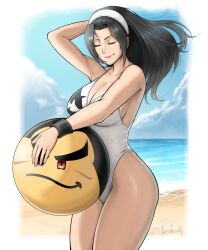 1girl absurdres ball beach beachball black_hair breasts cleavage closed_eyes closed_mouth erodrunky hairband highres kazama_jun large_breasts lips long_hair mishima_kazuya ocean one-piece_swimsuit sand sideboob smile solo swimsuit tekken tekken_8 white_hairband white_one-piece_swimsuit