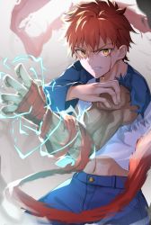 Rule 34 | 1boy, bandaged arm, bandages, blood, blood on face, blue pants, blue sleeves, brown hair, commentary request, denim, emiya shirou, energy, fate/stay night, fate (series), highres, jeans, long sleeves, looking at viewer, male focus, muscular, navel, pants, raglan sleeves, red hair, serious, shirt, short hair, smoke, solo, tapioka (oekakitapioka), teeth, torn clothes, v-shaped eyebrows, white shirt