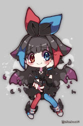 Rule 34 | 1girl, alternate color, alternate shiny pokemon, artist name, asymmetrical legwear, black dress, black hair, black hairband, blue eyes, blue hair, blue thighhighs, blunt bangs, blush, blush stickers, closed mouth, creatures (company), dress, female focus, flat chest, frilled sleeves, frills, full body, game freak, gen 4 pokemon, grey background, hair flaps, hairband, hand on own cheek, hand on own face, hand up, happy, heterochromia, invisible chair, long hair, looking to the side, mismatched legwear, multicolored footwear, multicolored hair, nintendo, personification, pointing, pointing at viewer, pokemon, puffy short sleeves, puffy sleeves, purple hair, red eyes, red hair, red thighhighs, shira (sirairo116), short dress, short sleeves, sidelocks, signature, simple background, sitting, smile, solo, straight-on, thighhighs, togekiss, twitter username, wide-eyed, winged footwear, wrist cuffs