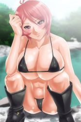 Rule 34 | 1girl, areola slip, blush, bra, breasts, covered erect nipples, doujin3aries, forest, gaki no chinpo yaarahende!, highres, huge breasts, looking at viewer, nature, panties, pink hair, red eyes, river, short hair, sitting, smile, solo, spread legs, sun, tree, underwear, water