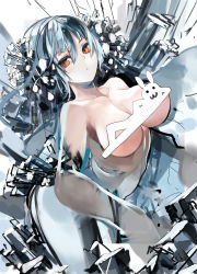 Rule 34 | 1girl, bare shoulders, blue hair, breasts, rabbit, censored, collarbone, female focus, large breasts, long hair, looking at viewer, novelty censor, orange eyes, original, pupps, sketch, solo