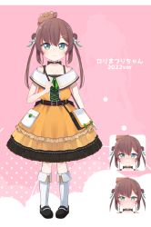 Rule 34 | 1girl, absurdres, aged down, ahoge, animal, animal on head, bag, bare shoulders, black camisole, black choker, black footwear, blue eyes, blush, bow, brown hair, camisole, choker, closed mouth, collarbone, commentary request, double bun, dress, expressions, eyebrows hidden by hair, fang, fang out, flower, frilled camisole, frilled dress, frilled shirt collar, frills, full body, green bow, hair between eyes, hair bun, hair flower, hair ornament, hairclip, highres, hololive, light smile, long hair, natsuiro matsuri, natsuiro matsuri (1st costume), nose blush, off-shoulder dress, off shoulder, okota mikan, on head, orange dress, pigeon-toed, pink background, polka dot, polka dot background, shoes, shoulder bag, socks, squirrel, standing, translated, twintails, v-shaped eyebrows, virtual youtuber, white flower, white legwear