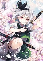 Rule 34 | 1girl, ascot, black ascot, black footwear, black hairband, black ribbon, cherry blossoms, closed mouth, commentary request, falling petals, frilled skirt, frills, green skirt, green vest, hairband, happy, hitodama print, holding, katana, konpaku youmu (ghost), looking at viewer, petals, pleated skirt, puffy short sleeves, puffy sleeves, red eyes, ribbon, second-party source, shirt, short hair, short sleeves, skirt, smile, solo, squatting, sword, touhou, toutenkou, vest, wakizashi, weapon, white hair, white shirt