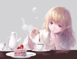 Rule 34 | 1girl, blonde hair, blue eyes, bubble, cake, coffee, cup, food, fork, fruit, grey background, hand to own mouth, haori io, looking down, original, parted lips, pointy ears, saucer, simple background, sleepwear, solo, steam, strawberry, teacup, teapot, teeth