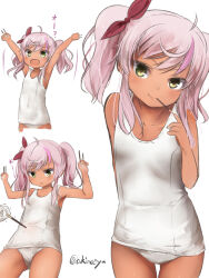 Rule 34 | 1girl, 1other, :d, :o, akino shuu, arms up, bare arms, bare shoulders, between fingers, closed mouth, collarbone, comandante cappellini (kancolle), commentary request, covered navel, food, food in mouth, gloves, hair ribbon, holding, holding food, kantai collection, mouth hold, multicolored hair, multiple views, one-piece swimsuit, open mouth, parted lips, pocky, purple hair, red ribbon, ribbon, simple background, smile, streaked hair, swimsuit, tan, translation request, trembling, twintails, twitter username, white background, white gloves, white one-piece swimsuit, yellow eyes