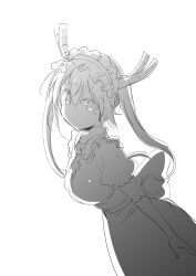 Rule 34 | 1girl, absurdres, apron, breasts, closed mouth, commentary request, cool-kyou shinja, dragon girl, dragon horns, dutch angle, gloves, greyscale, hair between eyes, highres, horns, kobayashi-san chi no maidragon, large breasts, light blush, long hair, looking at viewer, maid, maid headdress, monochrome, necktie, official art, puffy short sleeves, puffy sleeves, short sleeves, simple background, slit pupils, smile, solo, tohru (maidragon), twintails, white background