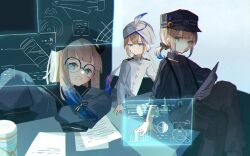 Rule 34 | 1boy, 2girls, beret, black headwear, black shirt, blonde hair, blue eyes, captain nemo (fate), coat, commentary, desk, engineer nemo (fate), epaulettes, fate/grand order, fate (series), glasses, grey pants, hat, hat feather, highres, hologram, holographic interface, long hair, multiple girls, nemo (fate), nemosk3o, on desk, open mouth, pants, papers, professor nemo (fate), round eyewear, sailor collar, sailor shirt, shirt, short hair, sitting, on desk, sleeves past fingers, sleeves past wrists, suspenders, turban, twintails, very long sleeves, white coat, white headwear