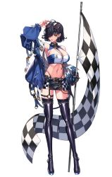 Rule 34 | 1girl, 2v (joyeong), absurdres, adjusting eyewear, arm up, black gloves, black hair, black survival, blue jacket, boots, breasts, checkered flag, cleavage cutout, clothing cutout, collar, crop top, eyewear on head, flag, flagpole, glasses, gloves, green eyes, hair over one eye, highleg, highleg panties, highres, holding, holding flag, jacket, jewelry, large breasts, looking at viewer, miniskirt, navel, necklace, o-ring, official art, one eye covered, open clothes, open jacket, panties, parted lips, race queen, short hair, simple background, single glove, skirt, solo, standing, thigh boots, thighhighs, underwear, white background