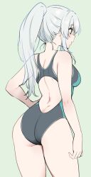 Rule 34 | 1girl, arm at side, ass, black one-piece swimsuit, blush, breasts, brown eyes, commentary request, competition swimsuit, contrapposto, cow, from behind, green background, grey hair, hair between eyes, half updo, hand on own hip, highres, idoly pride, legs apart, looking ahead, median furrow, one-piece swimsuit, parted lips, plum (arch), ponytail, profile, racerback, sidelocks, small breasts, solo, swimsuit, tendou rui, thighs