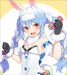 Rule 34 | 1girl, animal ears, armpits, black gloves, blue hair, braid, breasts, can, carrot, clenched hands, commentary request, detached sleeves, don-chan (usada pekora), dress, energy drink, fur-trimmed gloves, fur trim, gloves, highres, hololive, multicolored hair, orange eyes, puffy short sleeves, puffy sleeves, rabbit ears, rabbit girl, rabbit tail, short eyebrows, short sleeves, small breasts, solo, strapless, strapless dress, tail, thick eyebrows, twin braids, two-tone hair, upper body, usada pekora, usada pekora (1st costume), virtual youtuber, white hair, yuuki hagure