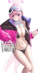 Rule 34 | 1girl, abab xiaxia, bikini, black bikini, blue archive, blush, breasts, cellphone, cleavage, closed mouth, eimi (blue archive), eimi (swimsuit) (blue archive), feet out of frame, goggles, goggles on head, halo, highres, holding, holding phone, jacket, large breasts, long hair, looking at viewer, navel, official alternate costume, open clothes, open jacket, phone, pink eyes, pink hair, pink halo, pink jacket, simple background, smartphone, solo, swimsuit, very long hair, white background