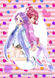 Rule 34 | 2girls, aida mana, blouse, boots, character name, clubs, copyright name, diamond (shape), dokidoki! precure, hair ornament, hairpin, half updo, heart, kenzaki makoto, looking at viewer, multiple girls, ooshima tomo, open mouth, own hands clasped, own hands together, pink eyes, pink hair, pink shirt, ponytail, precure, purple eyes, purple hair, shirt, short hair, skirt, smile, spade, thighhighs, yuri