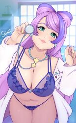 Rule 34 | 1girl, aqua eyes, blush, bra, breasts, cleavage, cowboy shot, creatures (company), earrings, floral print, game freak, highres, indoors, jewelry, lab coat, lace trim, large breasts, leaning forward, long hair, looking at viewer, miriam (pokemon), multicolored hair, nail polish, navel, nintendo, panties, pink hair, pink lips, plump, pokemon, pokemon sv, pov, purple hair, see-through, slimii, smile, solo, stethoscope, thick thighs, thighs, two-tone hair, underwear, window, yellow nails