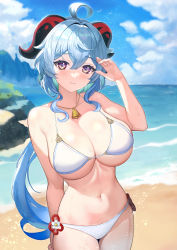 Rule 34 | 1girl, ahoge, arm behind back, beach, bell, bikini, blue hair, blue sky, breasts, cleavage, closed mouth, cloud, day, flower knot, ganyu (genshin impact), genshin impact, goat horns, hand up, highres, horns, jewelry, large breasts, light smile, long hair, low ponytail, manple0201, navel, neck bell, necklace, ocean, outdoors, purple eyes, sand, sidelocks, sky, solo, stomach, swimsuit, very long hair, wavy hair, wet, white bikini
