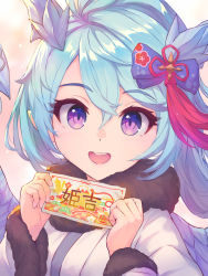 Rule 34 | 1girl, :d, blue hair, blush, dragon girl, dragon horns, dragon wings, fur trim, hair ornament, highres, holding, horns, japanese clothes, kimono, long sleeves, looking at viewer, official alternate costume, open mouth, princess connect!, purple eyes, sheffy (princess connect!), smile, solo, teeth, translation request, upper teeth only, wings, yako noir (kei-ne)