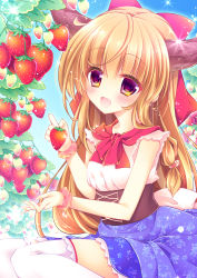 Rule 34 | 1girl, adapted costume, blonde hair, bow, commentary request, corset, enjoy mix, floral print, food, fruit, hair bow, horns, ibuki suika, long hair, oni horns, open mouth, red eyes, shirt, sitting, skirt, sleeveless, sleeveless shirt, smile, solo, strawberry, thighhighs, thighs, touhou, very long hair, white thighhighs, wrist cuffs, zettai ryouiki