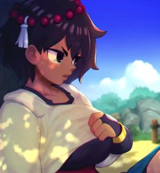 Rule 34 | 1girl, ajna (indivisible), animated, black hair, blush, breasts, brown eyes, cleavage, cleavage cutout, clothes lift, clothing cutout, cloud, dark-skinned female, dark nipples, dark skin, embarrassed, female focus, highres, indivisible, large breasts, lips, looking at viewer, nervous, nipples, open mouth, outdoors, parted lips, shirt lift, short hair, sky, solo, tsurime, undershirt, undressing, unknown showhey, video