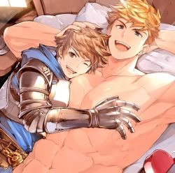 Rule 34 | &gt; o, 2boys, ;d, abs, arm behind head, armor, armpits, bara, bed, belt, blonde hair, blue hoodie, brown eyes, brown hair, clothed male nude male, commentary, couple, english commentary, fighter (granblue fantasy), gauntlets, gran (granblue fantasy), granblue fantasy, hand on another&#039;s chest, hand on another&#039;s head, happy, hood, hood down, hoodie, hug, large pectorals, looking at viewer, lying, lying on person, male focus, mazjojo, multiple boys, muscular, muscular male, navel, nude, on back, on bed, on person, on side, one eye closed, open mouth, pectoral pillow, pectorals, pillow, short hair, shoulder armor, smile, teeth, upper body, upper teeth only, vane (granblue fantasy), white day, yaoi