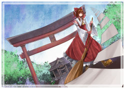 Rule 34 | 1girl, adapted costume, ascot, blue sky, boots, bow, box, broom, brown footwear, collar, day, detached sleeves, donation box, dress, frilled collar, frilled shirt collar, frills, hair bow, hair tubes, hakurei reimu, hakurei shrine, highres, holding, holding broom, looking at viewer, perspective, ponytail, poyosuke, red bow, red dress, ribbon-trimmed sleeves, ribbon trim, scenery, short hair, sky, sleeveless, sleeveless dress, smile, solo, sweeping, torii, touhou, tree, white border