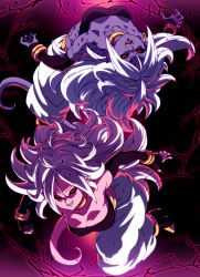 Rule 34 | 2girls, ahoge, android 21, black footwear, black nails, black sclera, bracelet, colored sclera, colored skin, dragon ball, dragon ball fighterz, dragonball z, dual persona, electricity, gradient background, hair between eyes, highres, jewelry, long hair, majin android 21, multiple girls, nail polish, open mouth, parted lips, pink skin, pointy ears, puffy pants, purple skin, red eyes, smile, tail, tasaka shinnosuke, white hair, white legwear