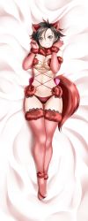 Rule 34 | 1girl, absurdres, alternate color, animal ear fluff, animal ears, back bow, bed sheet, black hair, blush, boots, bow, breasts, cleavage, cosplay, dakimakura (medium), elbow gloves, fox ears, fox tail, from above, full body, fur-trimmed gloves, fur boots, fur trim, gloves, gluteal fold, gradient hair, grey eyes, grin, highres, huge filesize, incredibly absurdres, kimmy77, looking at viewer, lying, mash kyrielight, mash kyrielight (dangerous beast), mash kyrielight (dangerous beast) (cosplay), medium breasts, multicolored hair, official alternate costume, on back, panties, pink bow, pink footwear, red gloves, red hair, red panties, revealing clothes, ruby rose, rwby, shiny skin, short hair, smile, solo, tail, thigh boots, thigh gap, thighhighs, underwear