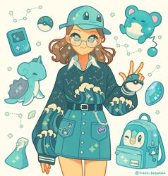 Rule 34 | 1girl, backpack, bag, bag charm, baseball cap, big dipper, bird, bisexual female, bisexual flag, blue skirt, blue sweater, blush, brown hair, cassiopeia (constellation), character hat, character name, character print, charm (object), closed mouth, collared shirt, commentary, commission, constellation, constellation print, cowboy shot, creatures (company), earrings, emily kim, english commentary, evolutionary stone, game boy, game freak, gen 1 pokemon, gen 2 pokemon, gen 4 pokemon, glasses, great ball, handheld game console, hat, highres, holding, holding poke ball, jewelry, lapras, long hair, long sleeves, looking at viewer, marill, mouse, nintendo, original, penguin, piplup, poke ball, pokemon, potion (pokemon), puffy sleeves, seashell, shell, shirt, skirt, smile, sparkle, squirtle, standing, star (symbol), sweater, trinkets, twitter username, v, water stone, waves