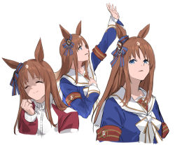 Rule 34 | 1girl, animal ears, arm up, armband, blue eyes, blue jacket, brown hair, closed mouth, facing viewer, false smile, grass wonder (umamusume), horse ears, jacket, long hair, long sleeves, looking at viewer, multiple views, nos, outstretched arm, parted lips, sailor, shaded face, smile, sweat, track jacket, umamusume, upper body, white background