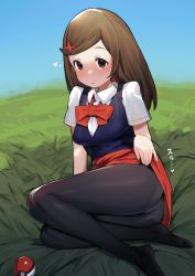 Rule 34 | 1girl, absurdres, black pantyhose, blush, bow, bowtie, brown eyes, brown hair, closed mouth, clothes lift, collared shirt, commentary request, creatures (company), eyelashes, game freak, grass, hair ornament, heart, highres, ie (raarami), lass (pokemon), lifted by self, long hair, nintendo, panties, pantyhose, pokemon, pokemon bdsp, shirt, short sleeves, skirt, skirt lift, smile, solo, swept bangs, underwear, v-neck, vest, white shirt
