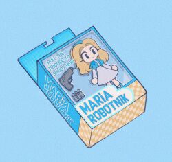 Rule 34 | 1girl, blonde hair, blue background, box, bullet, character doll, character name, closed mouth, commentary, dress, english commentary, english text, film grain, highres, long hair, maria robotnik, merry bongbong, simple background, smile, sonic (series), toy, toy gun