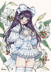Rule 34 | 1girl, blunt bangs, blush, bottomless, bow, censored, dress, flower, grey eyes, hair bow, jinjin, long hair, no panties, purple hair, pussy, ribbon, solo, standing, thighhighs, white dress, white thighhighs