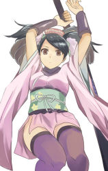Rule 34 | 1girl, black hair, breasts, brown eyes, closed mouth, commentary request, flower, hair flower, hair ornament, holding, hyakuen raitaa, japanese clothes, kimono, long hair, looking at viewer, momohime, oboro muramasa, short kimono, simple background, solo, sword, thighhighs, weapon, white background