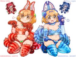 Rule 34 | &gt;:3, 10s, 4girls, :3, :d, alternate costume, animal ears, animal hands, blue eyes, blue hair, breasts, brown eyes, brown hair, character name, chibi, claws, cleavage, commentary request, cosplay, elbow gloves, gloves, gradient hair, jewelry, kemono friends, looking at viewer, multicolored hair, multiple girls, navel, necklace, open mouth, paw pose, red hair, seiza, serval (kemono friends), serval print, serval tail, shisa lefty, shisa lefty (cosplay), shisa right, shisa right (cospaly), short hair, simple background, sitting, smile, tail, tanaka kusao, thighhighs, v-shaped eyebrows, white background