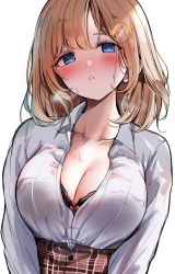 Rule 34 | 1girl, absurdres, black bra, blonde hair, blue eyes, blush, bra, bra peek, bra visible through clothes, breasts, breath, cleavage, collarbone, commentary request, hair ornament, highres, hololive, hololive english, large breasts, plaid, plaid skirt, sak (lemondisk), see-through, shirt, short hair, simple background, skirt, solo, sweat, underwear, virtual youtuber, watson amelia, wet, white background, white shirt