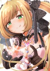 Rule 34 | 1girl, absurdres, ahoge, bare shoulders, black gloves, black ribbon, black sleeves, blonde hair, blush, bow, breasts, brooch, choker, cleavage, collarbone, detached collar, detached sleeves, dot nose, dress, frilled ribbon, frills, gloves, green eyes, hair bow, hair ribbon, hand on own face, hands up, head rest, heart, heart brooch, heart in eye, heart necklace, highres, idolmaster, idolmaster cinderella girls, idolmaster cinderella girls starlight stage, index finger raised, jewelry, large breasts, long hair, looking at viewer, necklace, pink dress, ribbon, ribbon choker, sato shin, shikamax2, signature, simple background, smile, solo, symbol in eye, tongue, tongue out, twintails, upper body, white background