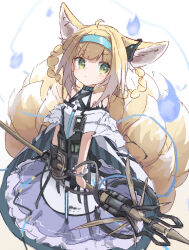 Rule 34 | 1girl, absurdres, ahoge, animal ear fluff, animal ears, apron, arknights, bare shoulders, blonde hair, blue fire, blue hairband, braid, braided hair rings, brown background, closed mouth, commentary request, fire, fox ears, fox girl, fox tail, gradient background, green eyes, hair rings, hairband, highres, hitodama, holding, multicolored hair, nalphanne, purple skirt, shirt, sidelocks, skirt, solo, suzuran (arknights), tail, twin braids, two-tone hair, v-shaped eyebrows, waist apron, white apron, white background, white hair, white shirt