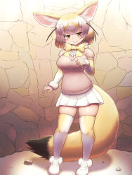 1girl animal_ears blonde_hair bow bowtie breasts brown_eyes cave closed_mouth commentary_request extra_ears fennec_(kemono_friends) fox_ears fox_tail full_body fur-trimmed_footwear fur-trimmed_sleeves fur_trim highres kemono_friends large_breasts layered_sleeves light_blush long_sleeves looking_at_viewer mo23 multicolored_hair pink_sweater pleated_skirt rock short-sleeved_sweater short_hair short_over_long_sleeves short_sleeves skindentation skirt smile solo standing sweater tail thighhighs two-tone_hair white_footwear white_hair white_skirt yellow_bow yellow_bowtie zettai_ryouiki